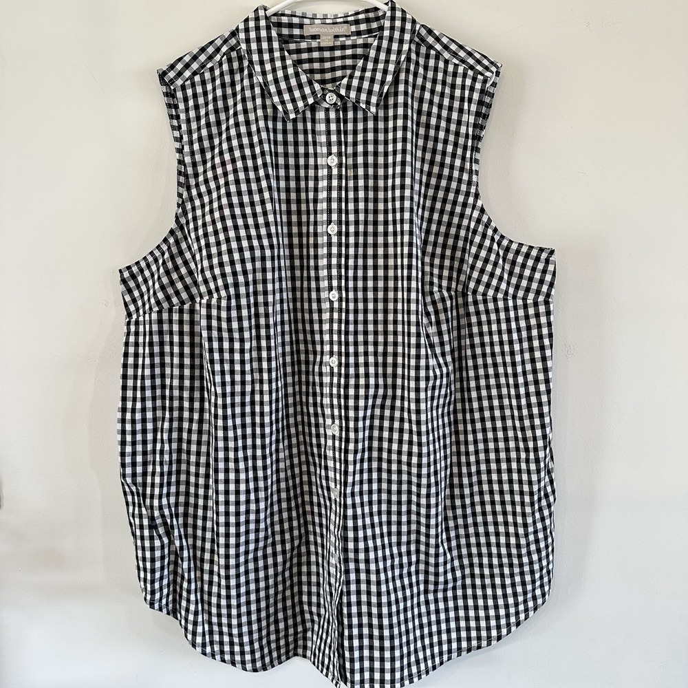 NWOT Woman Within Perfect Button Down Sleeveless Shirt Gingham Black 1X 22/24